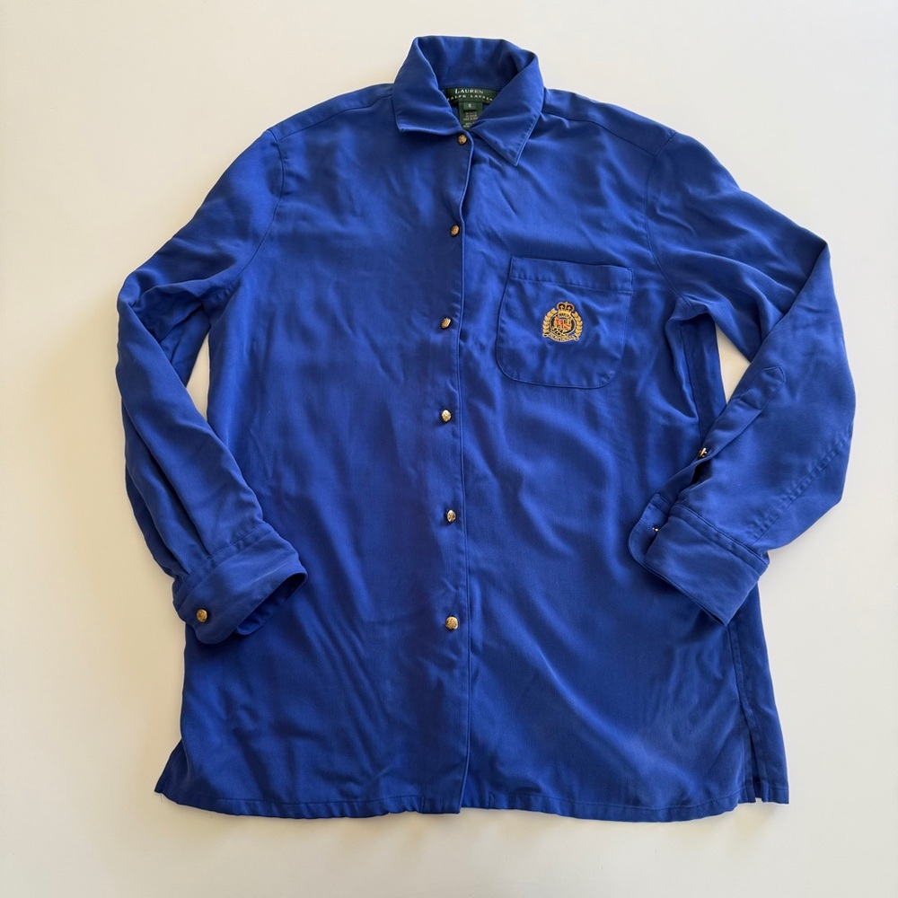 Lauren-Ralph Lauren-Cobalt Blue-Long Sleeve-Button Down-Shirt-Silk-Size S